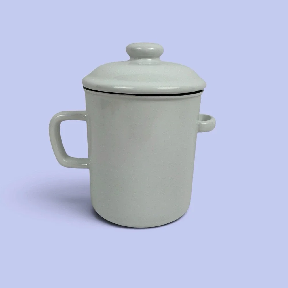 White Enamel Bacon Grease Container w/ Lid & Mesh Strainer Kitchen Can